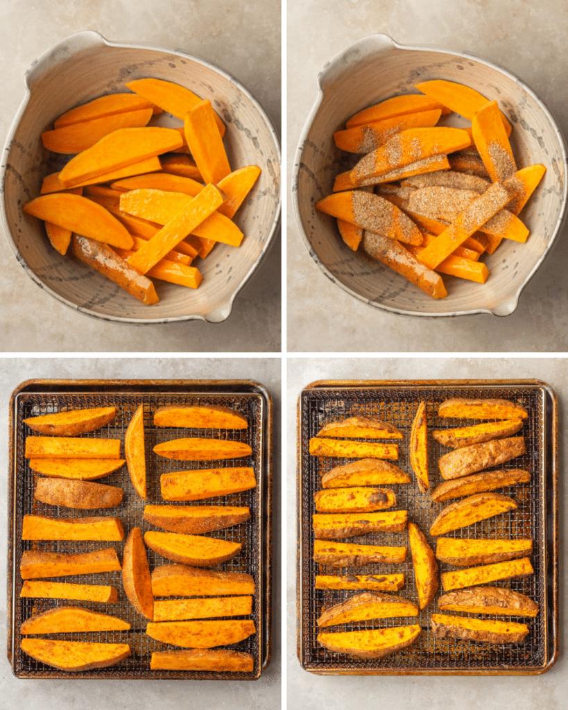 Step by step assembly for seasoned sweet potato wedges made in the air fryer