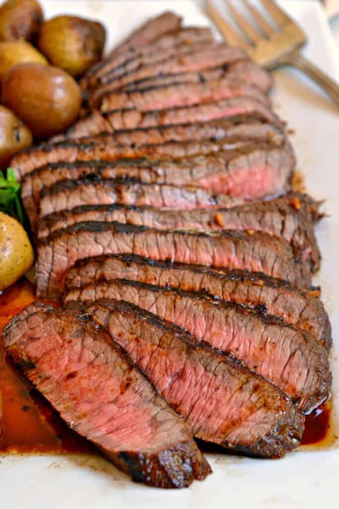 Thin slices of pan-seared London Broil.