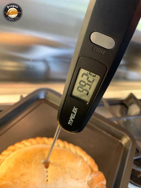 Check pasty temperature before removing from oven