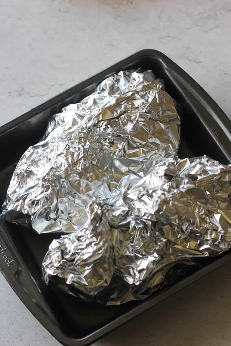 Wrapped-in-foil dish before baking