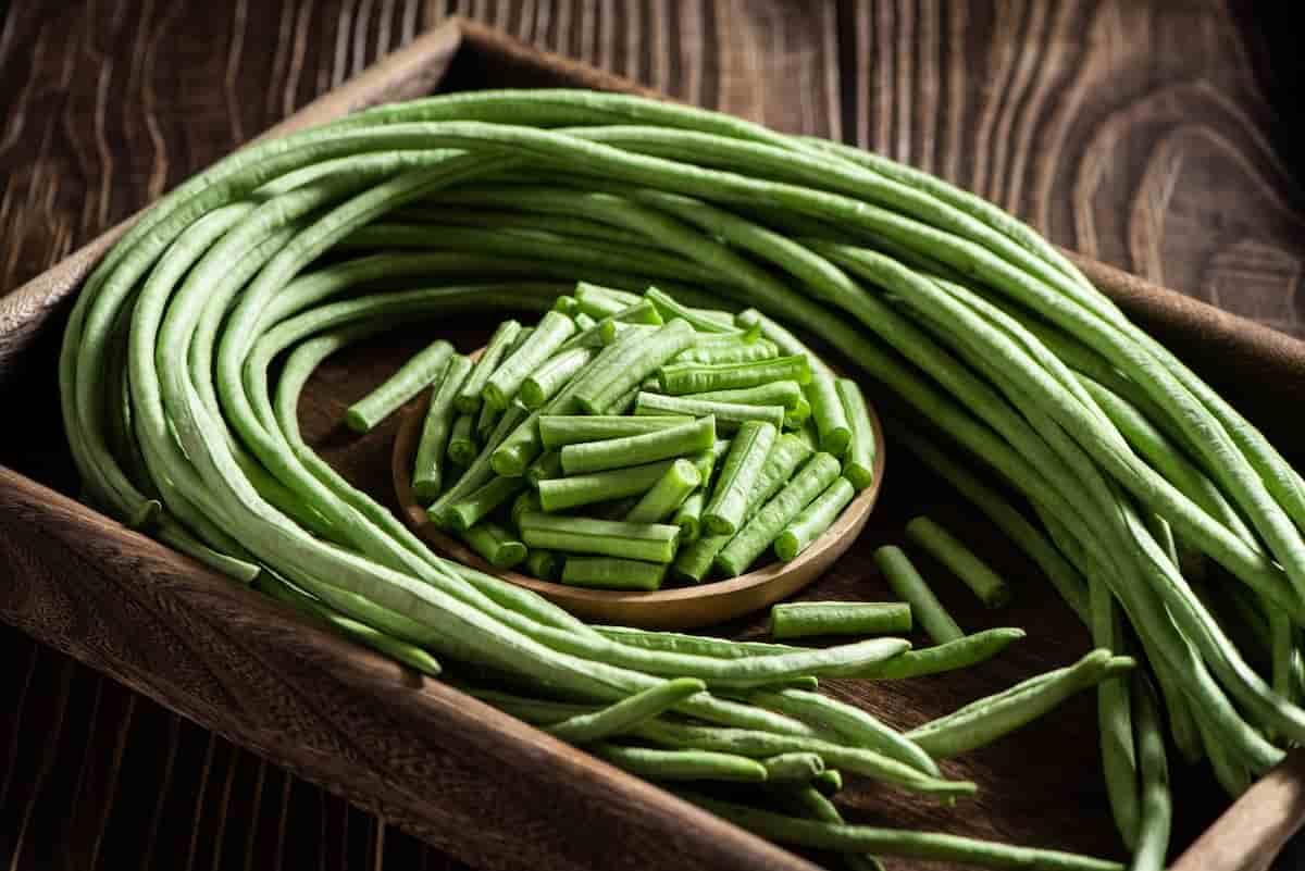 Long asparagus beans curled around a bowl of chopped asparagus beans.