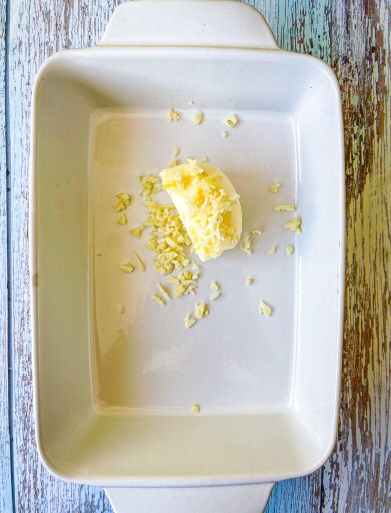 baking dish with butter and garlic