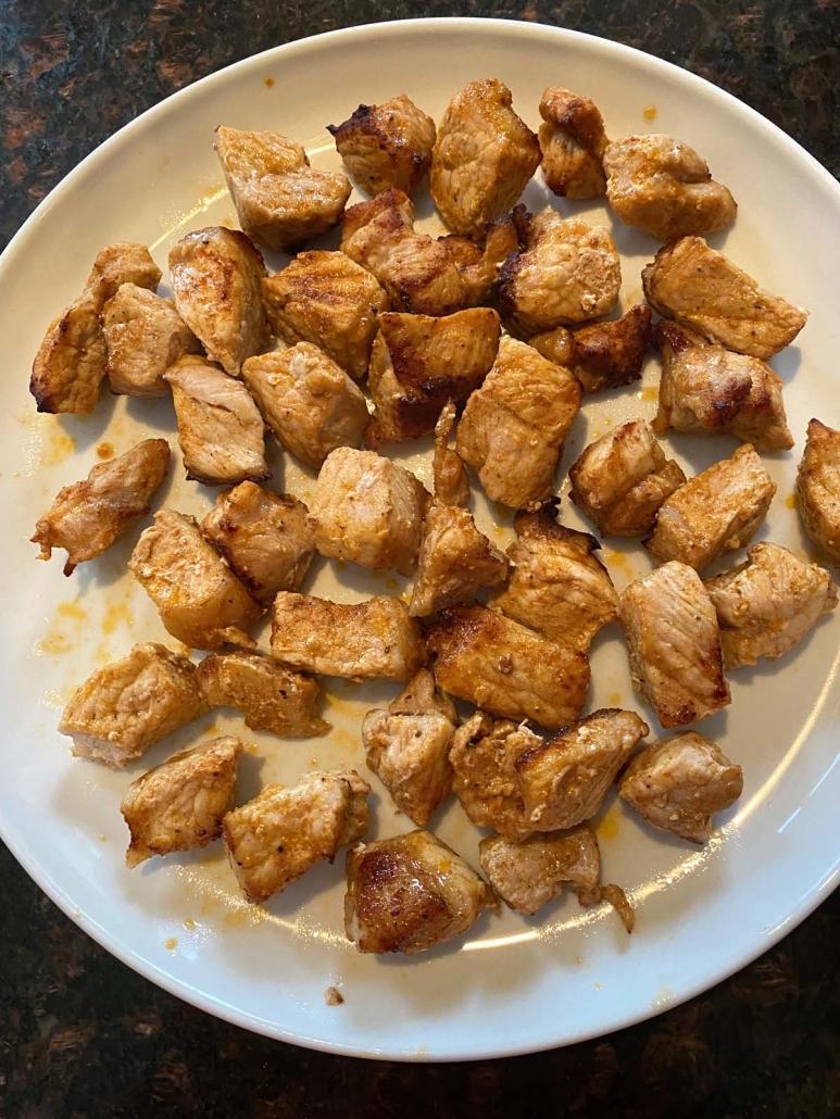 cooked pork bites on a plate