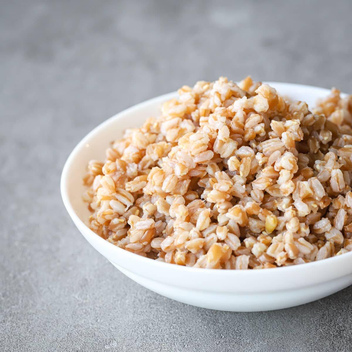 Cooked farro in a white bowl.