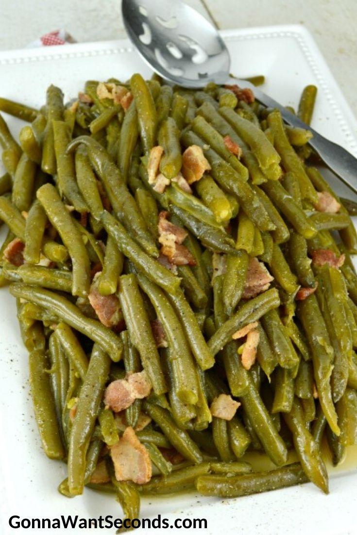 Southern green beans on a rectangular serving platter
