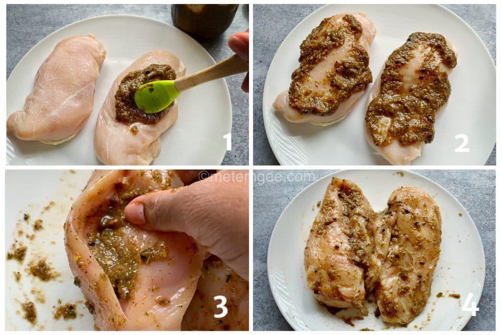 4 step visual showing how to apply jerk marinade to chicken breasts