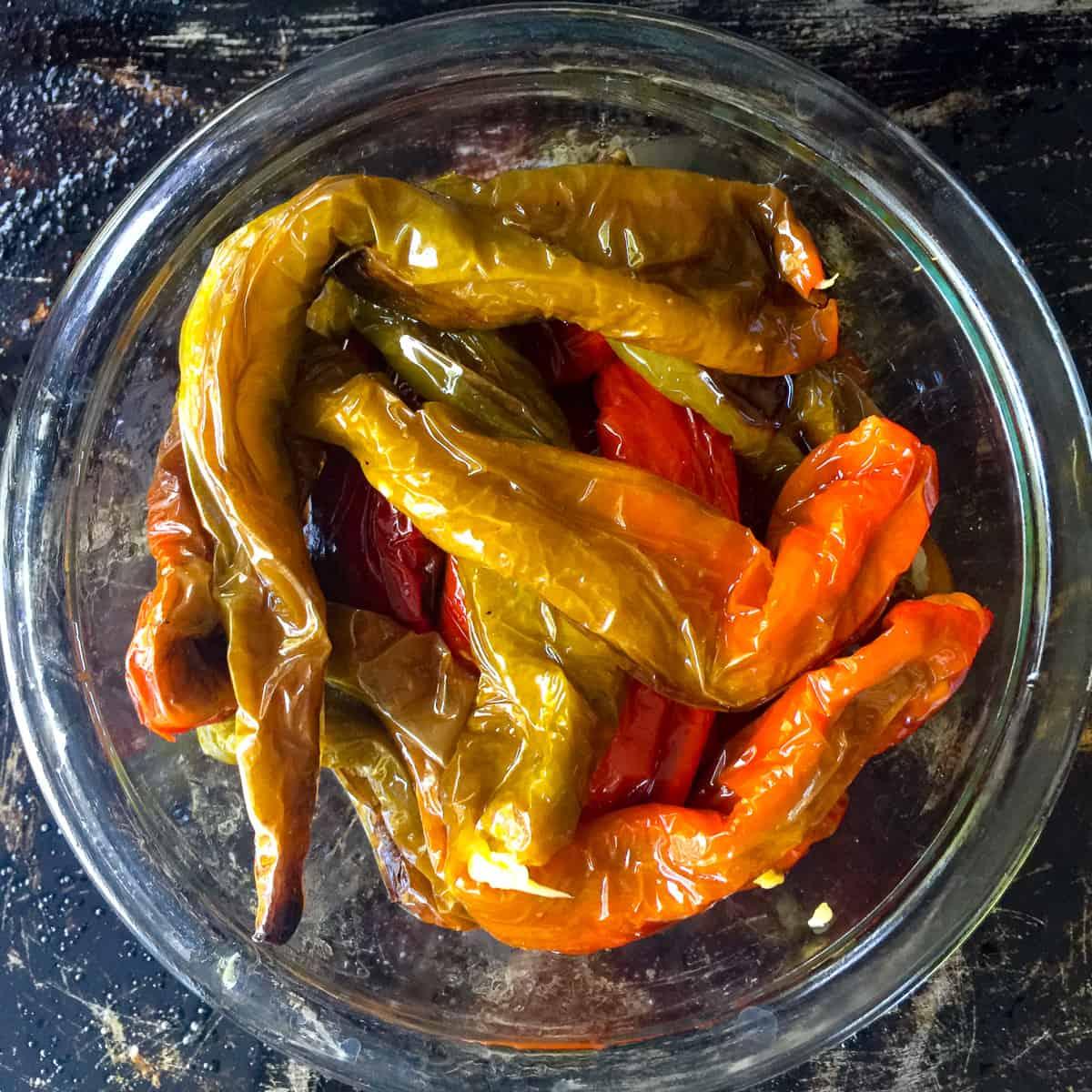 Bowl of just roasted Italian long hot peppers