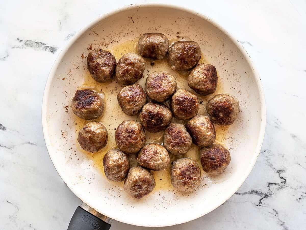Meatballs cooked in a skillet