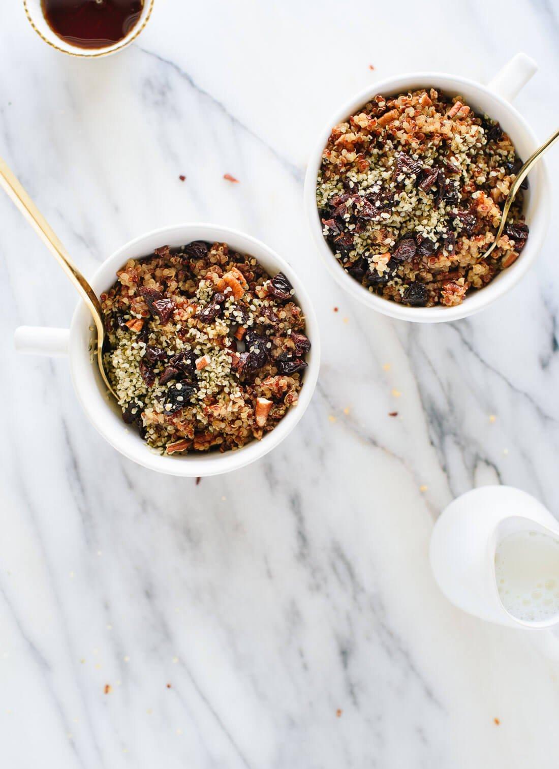 Epic breakfast quinoa featuring toasted pecans, coconut oil, cinnamon and dried cherries or cranberries - cookieandkate.com