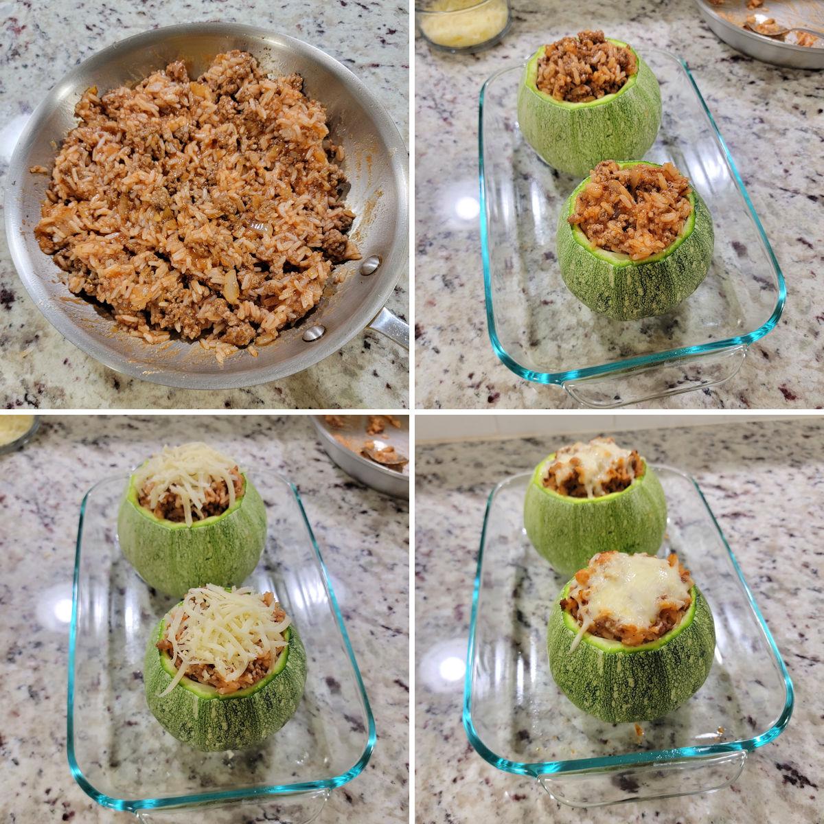 Filling round zucchini with stuffing before baking.