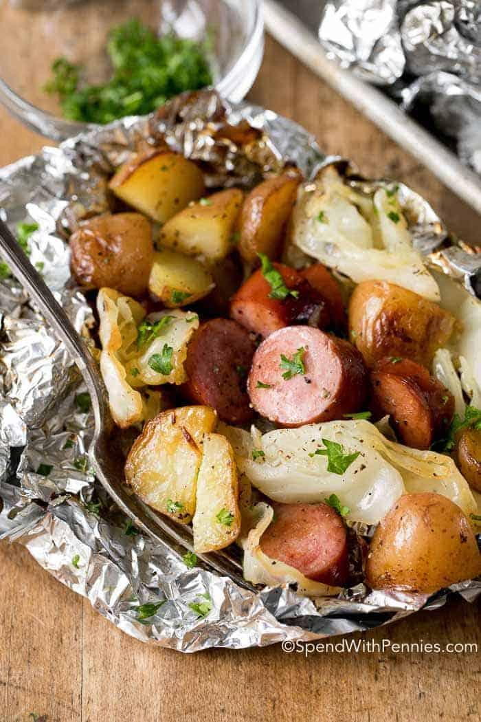 Cabbage and Sausage Foil Packs with fork