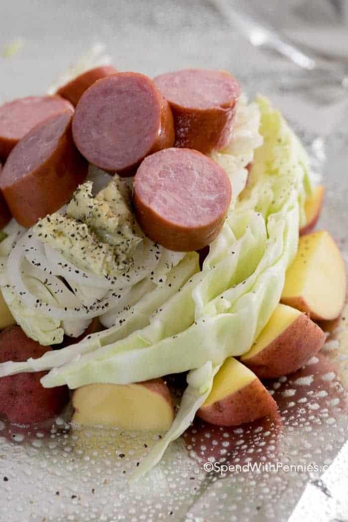 Cabbage and Sausage and potatoes on foil