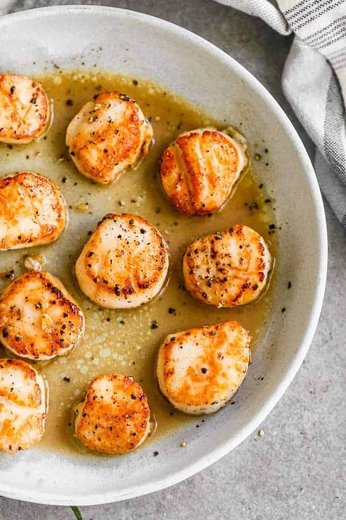 Seared scallops, served on a plate.