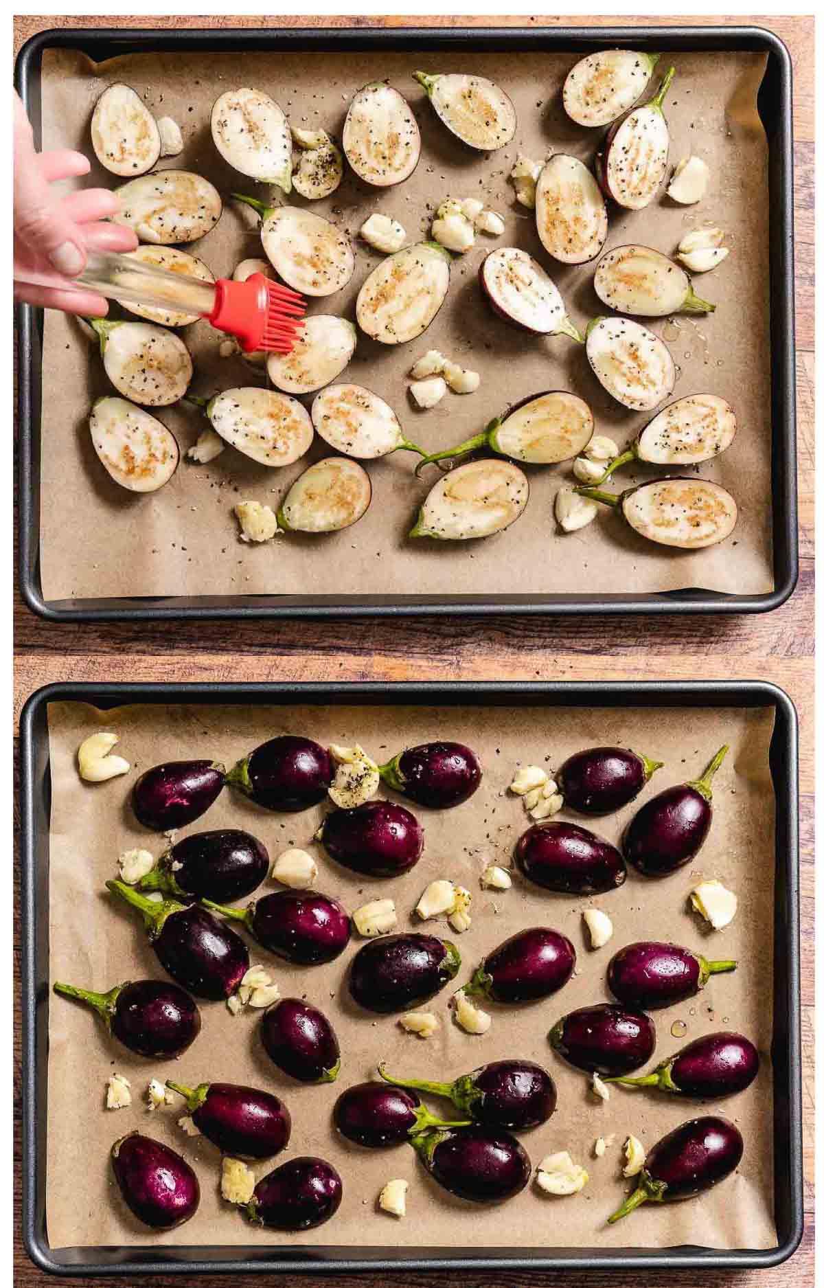 Roasting tiny eggplant on a sheet pan.