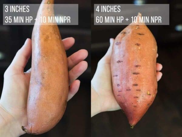 collage image of a hand holding two different sized sweet potatoes with Instant Pot cook times indicated
