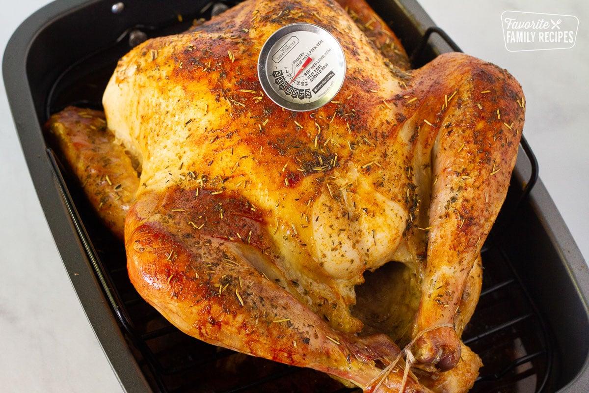 Meat thermometer in a cooked turkey