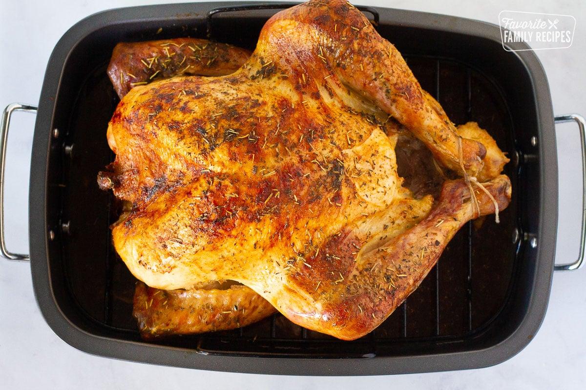 Top view of cooked Turkey in a roasting pan